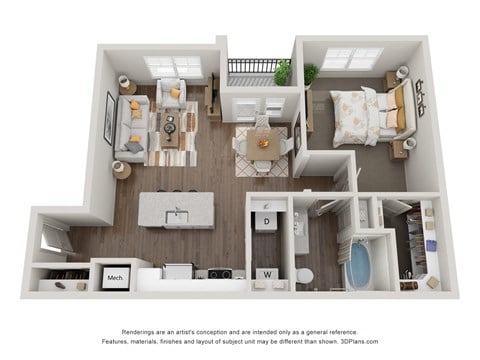 Floor plan for 1 bed, 1 bath, 824 sqft